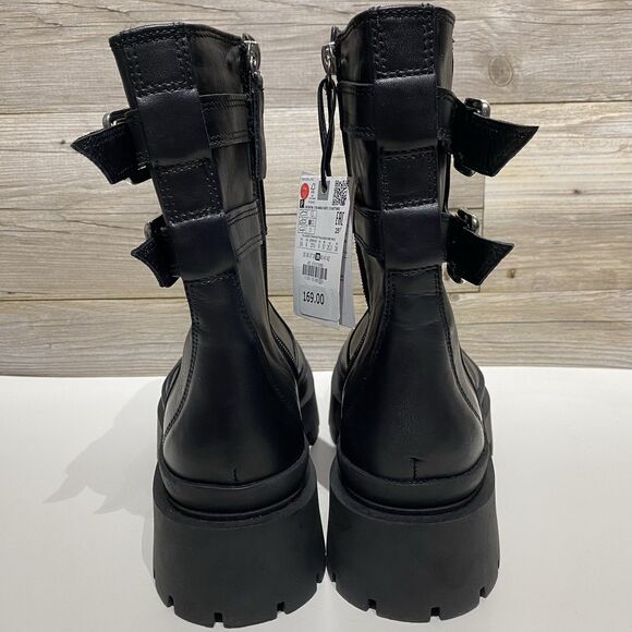 ZARA Chunky Lug Sole Ankle Boots Black Leather Buckles Side Zip Moto Y2K Size 8 - Picture 3 of 10